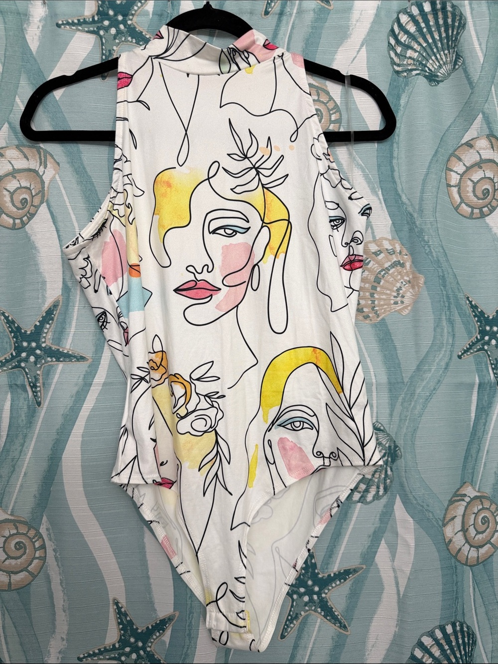 Abstract Face Print White Mock-Neck Bodysuit